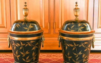 PAIR OF VINTAGE TOLE PAINTED COVERD URNS