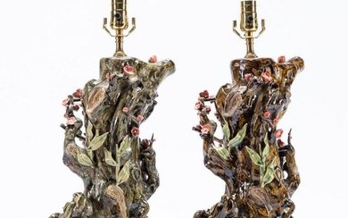 PAIR, TREE & BLOSSOM FORM PORCELAIN TABLE LAMPS
