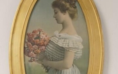PRINT OF A LADY W/BOUQUET OF ROSES