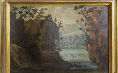 Paesaggio roccioso con fiume e cascata, olio su tela, cm. 48,5x70, XVIII secolo, entro cornice coeva.