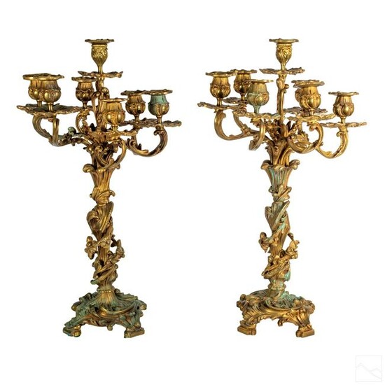 Pair 19th C. French Rococo Dore Bronze Candelabras