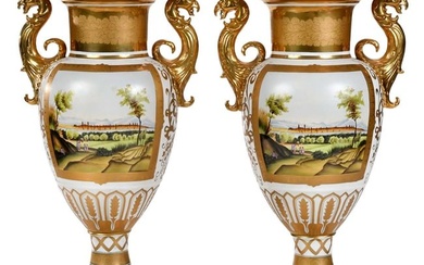 Pair Ackermann & Fritze Gilt Porcelain Urns