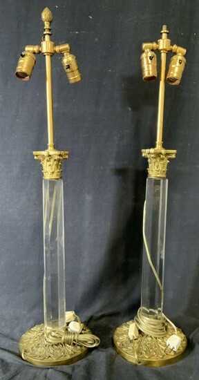 Pair Brass and Composite Columned Tabletop Lamps