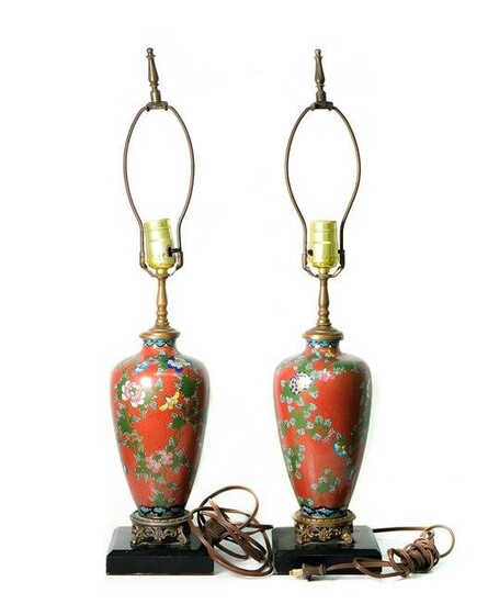 Pair, Chinese Red Ground Cloisonne Table Lamps