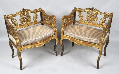 Pair Continental Gilt Carved Wood Settees