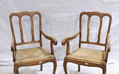 Pair Oak Arm Chairs With Wicker Seats