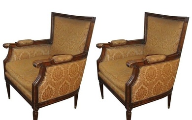 Pair Of Louis XVI Style Bergere Arm Office Chairs Manner Of Jansen with brass cap feet, floral motif