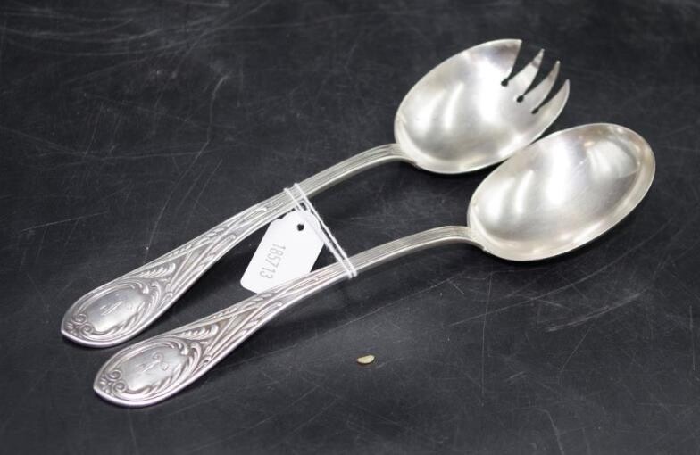 Pair Russian silver serving spoon & fork 84 zolotniki...