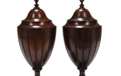 Pair of Adam Style Lidded Mahogany Urns