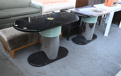 Pair of Art Deco Style Black Lacquered Oval Consoles.