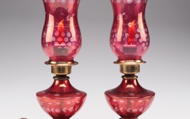 Pair of Bohemian Style Cranberry Flash Boudoir Lamps