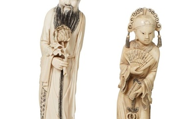 Pair of Chinese Carved Statues, early 20th c., Sage- H.- 13 1/2 in., W.- 2 1/2 in., D.- 3 3/4 in.; W