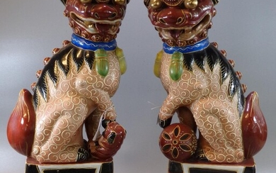 Pair of Chinese porcelain polychrome Temple lions or Fo...