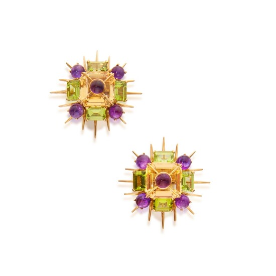 Pair of Citrine, Amethyst, and Peridot Earclips, Tony Duquette