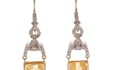 Pair of Citrine, Diamond, 14k Earrings