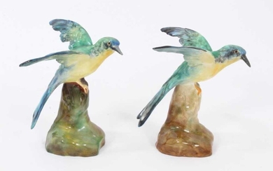 Pair of Crown Staffordshire models of Kingfishers, shown perched on naturalistic bases, 9cm high