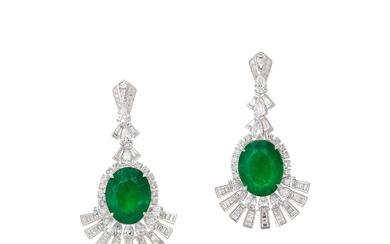 Pair of Emerald and Diamond Ear Pendants