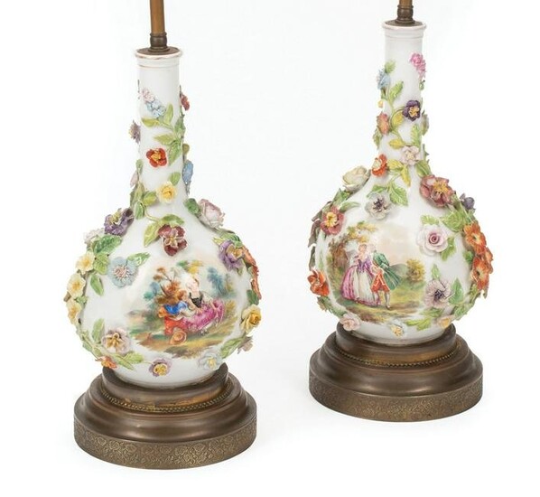 Pair of German Polychrome Porcelain Bottle Vases