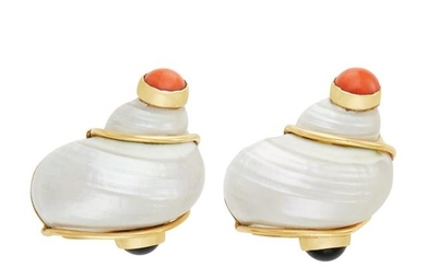 Pair of Gold, Shell, Coral and Black Onyx 'Turbo Shell' Earclips, Seaman Schepps