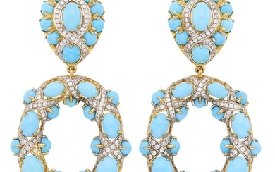 Pair of Gold, Turquoise and Diamond Pendant-Earclips