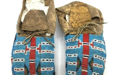 Pair of Native American Beaded Hide Moccasins