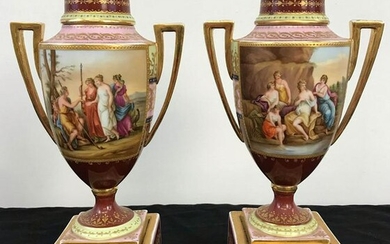 Pair of Royal Vienna lidded Urns, 1800's