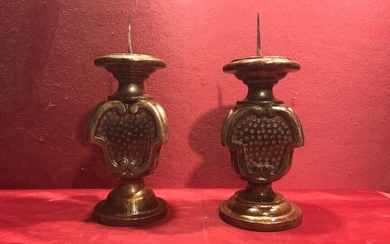 Pair of candle holders (2) - Louis XIV - Silver gilt, Wood - First half 18th century