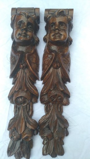 Pair of cherubs / cherubs in wood from the Lombard school (2) - Walnut, Wood - Early 20th century