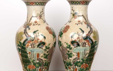 Pair of crackleware vases Chinese, 19th Century painted with peacocks...