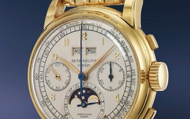 Patek Philippe, Ref. 2499 An extremely important, astonishingly well-preserved and fresh-to-the-market yellow gold perpetual calendar chronograph wristwatch with retailer-signed bracelet, retailed by Serpico y Laino