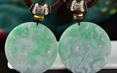 Pendant (2) - Natural Jadeite (Type A) - Certified - China - 21st century