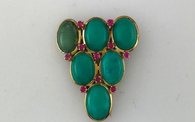 Pendant in gold 750°/°°° set with turquoise cabochons alternating with red stone, circa 1940, Gross weight: 12,10g