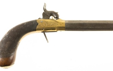 Percussion pistol, with folding trigger, octagonal screw-on barrel maker marked...