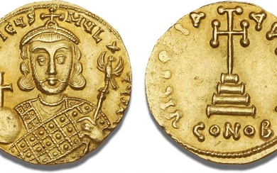 Philippicus (Bardanes), 711–713, Constantinople, 8th officina, Solidus, crowned Phillipicus with globe and...