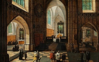 Pieter Neefs d. J. 1620 – 1675, zug., KIRCHENINTERIEUR MIT REICHER FIGURENSTAFFAGE