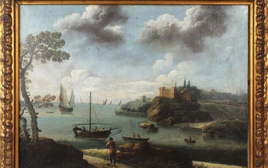 Pittore del XVII secolo, Scorcio di costa con imbarcazioni e castello sullo sfondo, olio su tela, cm 49,5x64,5, entro cornice