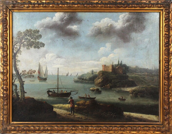 Pittore del XVII secolo, Scorcio di costa con imbarcazioni e castello sullo sfondo, olio su tela, cm 49,5x64,5, entro cornice