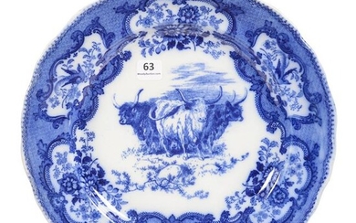 Plate, Flow Blue by Doulton Burslem, Highland Cattle