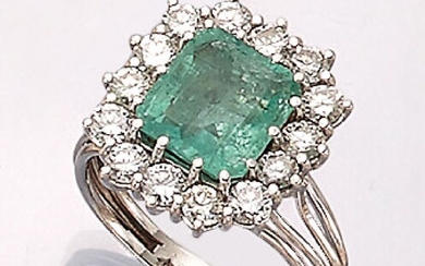 Platinum ring with emerald and brilliants , platinum...