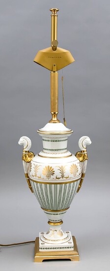 Porcelain lamp base, Mangani, Florence, Italy, 21st century, classicism-style vase with side handles ending in lion heads, green stripes and ornamental frieze in gold, electr., 2-light sources, metal mounting, overall h. 81 cm