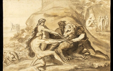 ROMAN NEOCLASSICAL ARTIST Four men fighting with a lion ink...