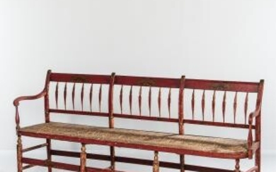 Red-painted Windsor Bench