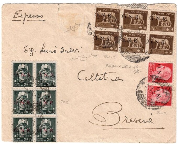 Republican National Guard 1944 - Brescia issue express stamp from Padua to Brescia with variety - Sassone NN.470/Ifd+470/Ipd+472/I+473/I