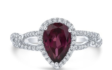 Rhodolite Garnet And Diamond Pear-shape Halo Ring With Open Link Shoulders In 14k White Gold (9x6mm)