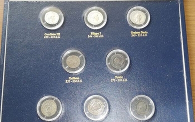 Roman Empire. Lot comprising 8 AR coins (Antoniniani/Radiates) in a custom made box (by Bolaffi),including Gordian III; Philip I; Trajan Decius; Gallienus; Probus; Diocletian; Carinus; Maximian II