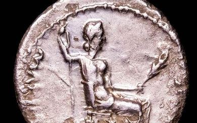 Roman Empire. Tiberius (AD 14-37). Denarius from Lugdunum mint. - PONTIF MAXIM (↺), female figure seated right on chair . Tribute Penny. (No Reserve Price)