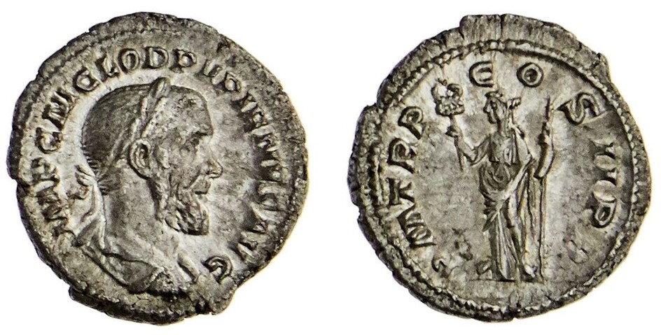 Roman Imperial. Pupienus (238). AR Denarius. Rome, 1st emission. 2.8 gms. Laureate, draped bust...