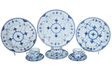 Royal Copenhagen Assembled Porcelain Partial Dinner Service Blue Fluted Half Lace Border Pattern, Introduced 1775, 1889-1984, 74 Pieces