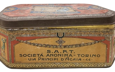 SCATOLA IN LATTA marca Senateur Dottor Foglino Torino, 1920 circa cm 29x17x13...