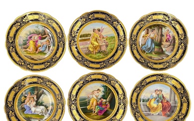 SET OF SIX SIGNED AND HAND PAINTED VIENNA PORCELAIN...